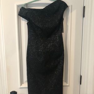 LELA ROSE Black Metallic Draped Bodice Dress